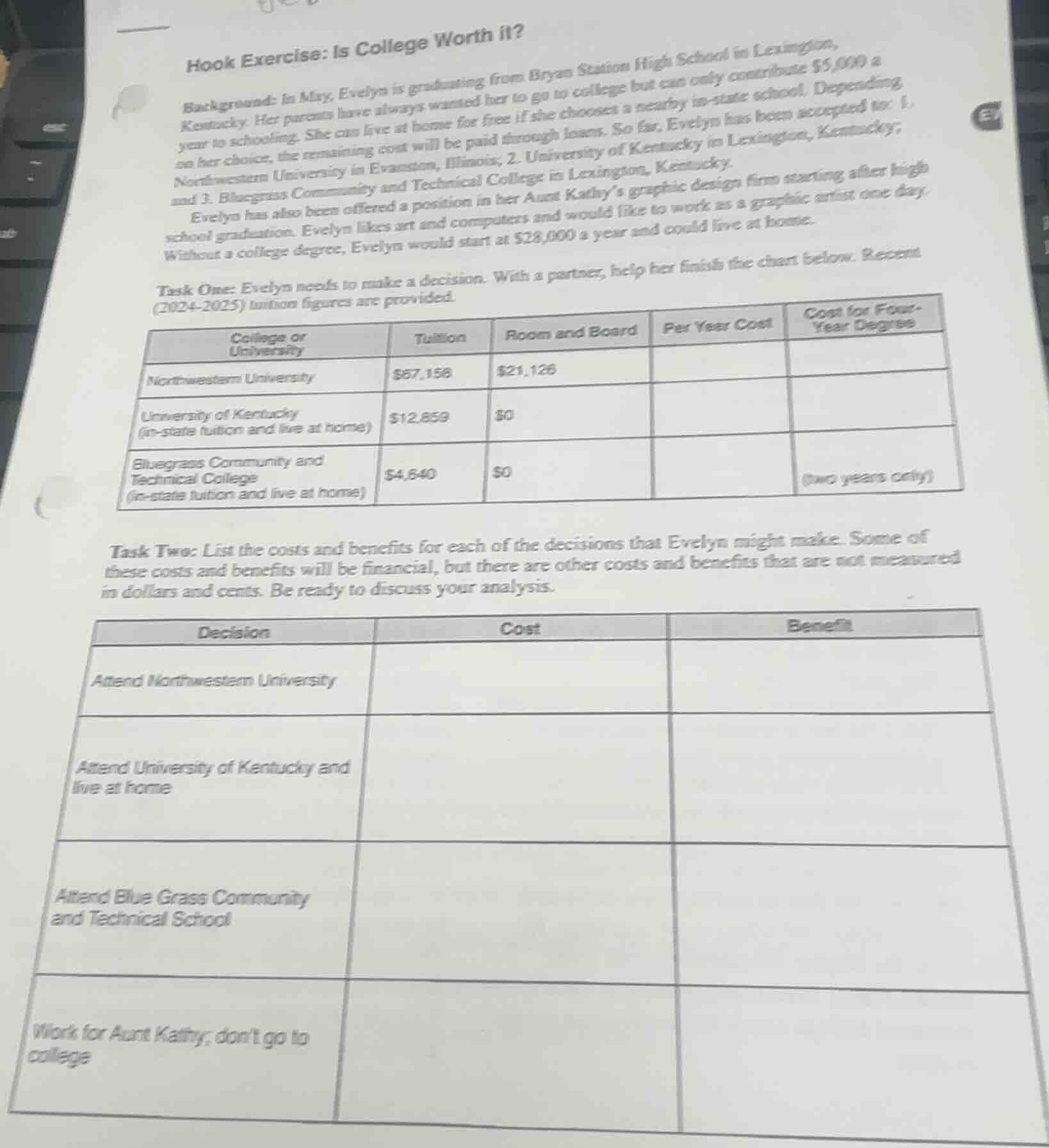 hook exercise: is college worth it?background: in may, evelyn is gradua…