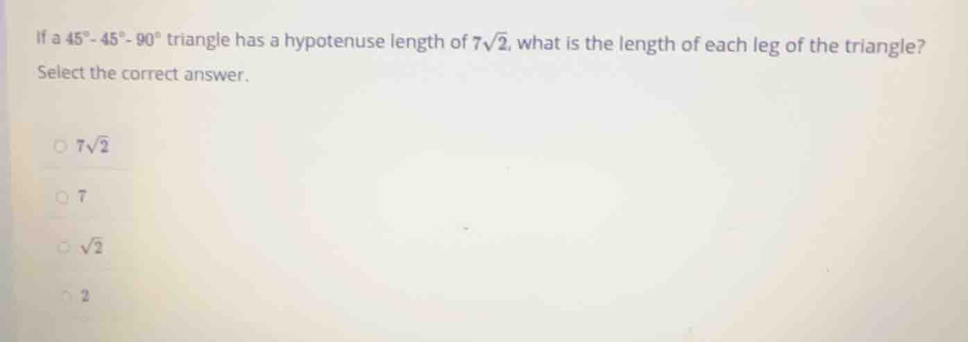 if a $45^\\circ$-$45^\\circ$-$90^\\circ$ triangle has a hypotenuse leng…