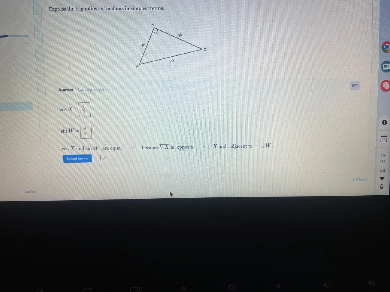 express the trig ratios as fractions in simplest terms. answer attempt …