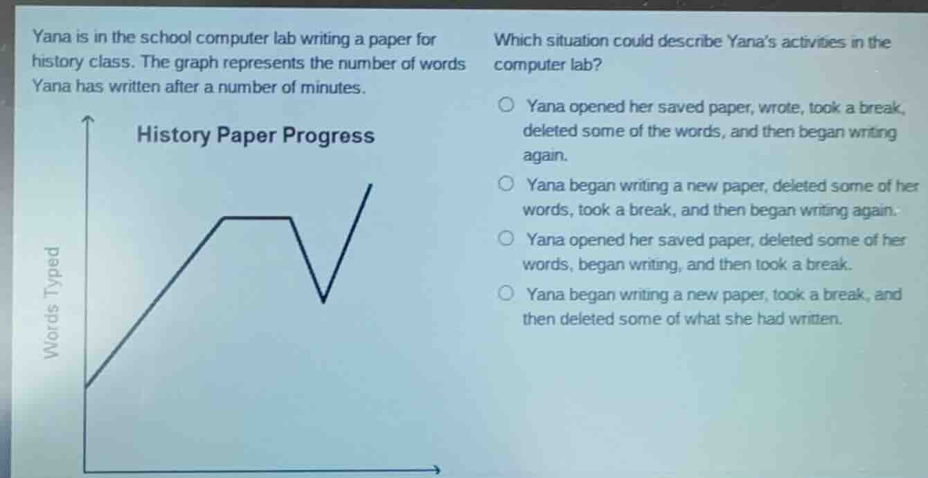 yana is in the school computer lab writing a paper for history class. t…