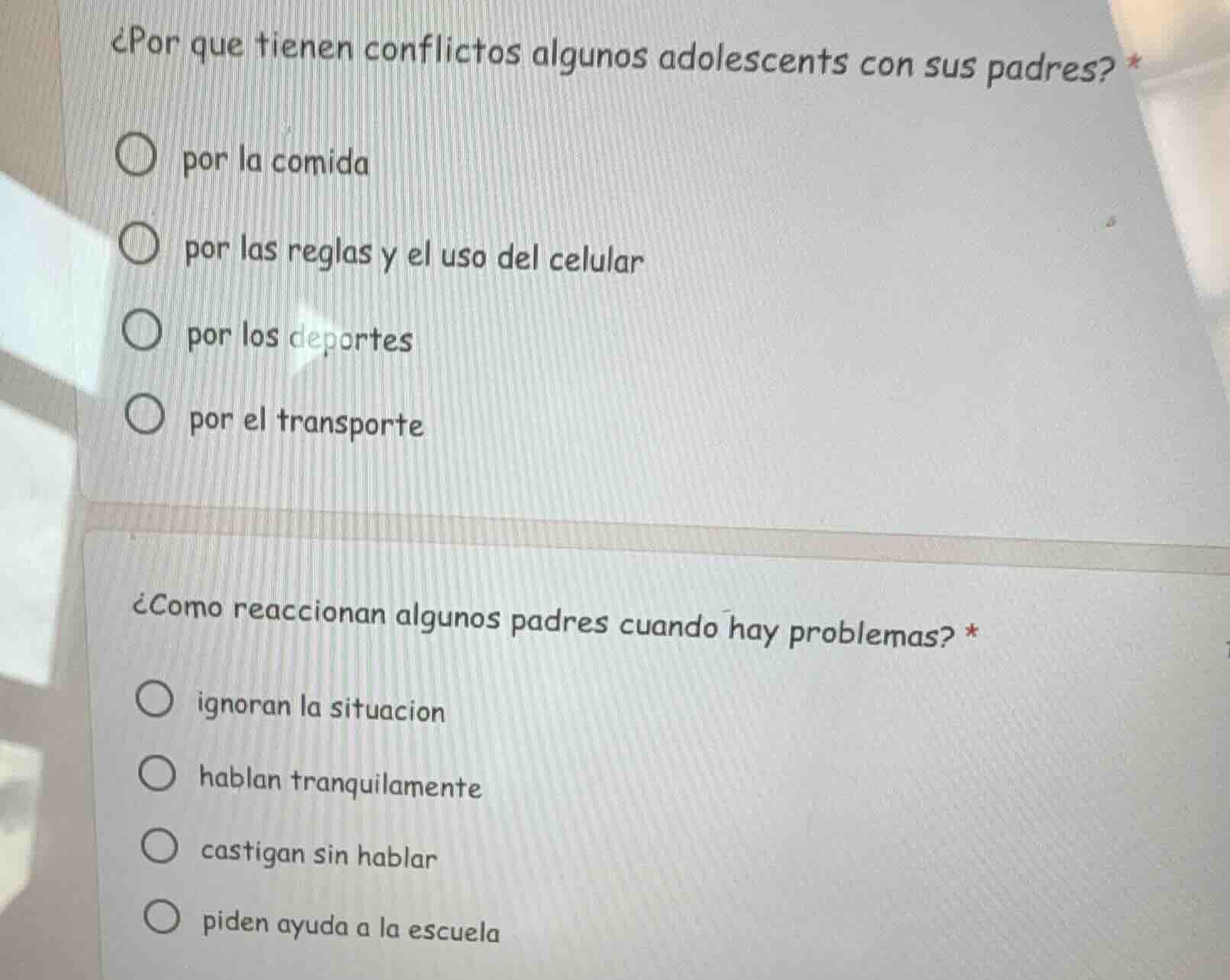 ¿por que tienen conflictos algunos adolescents con sus padres? * ○ por …
