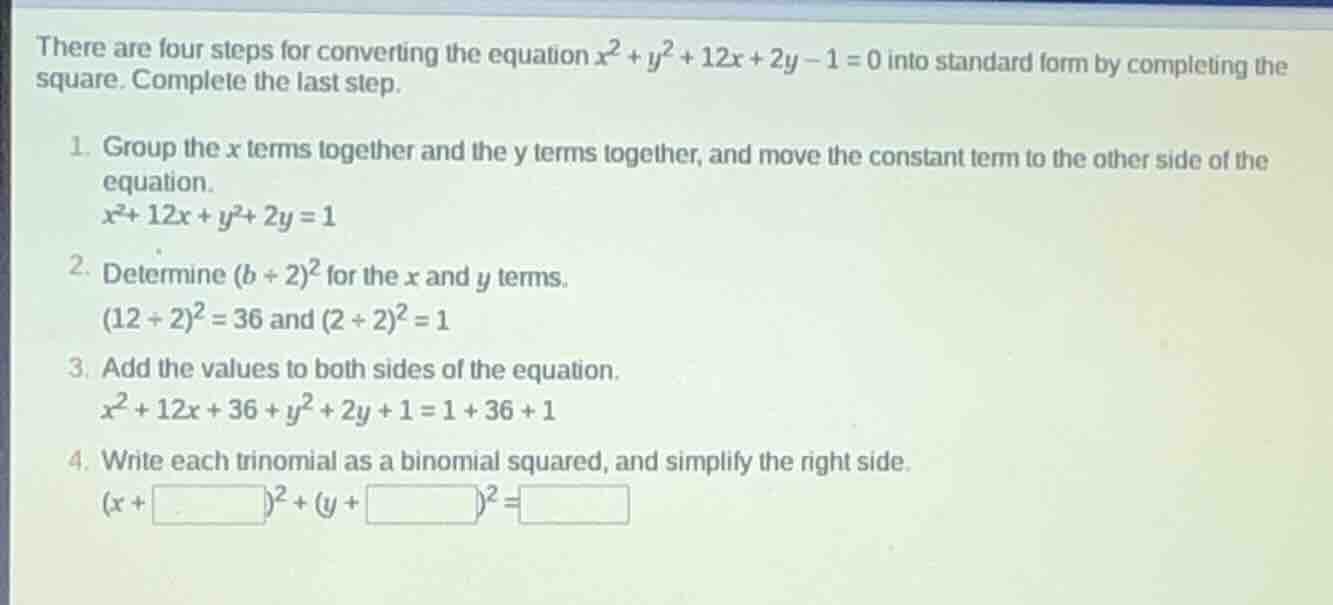 there are four steps for converting the equation $x^{2}+y^{2}+12x+2y-1=…