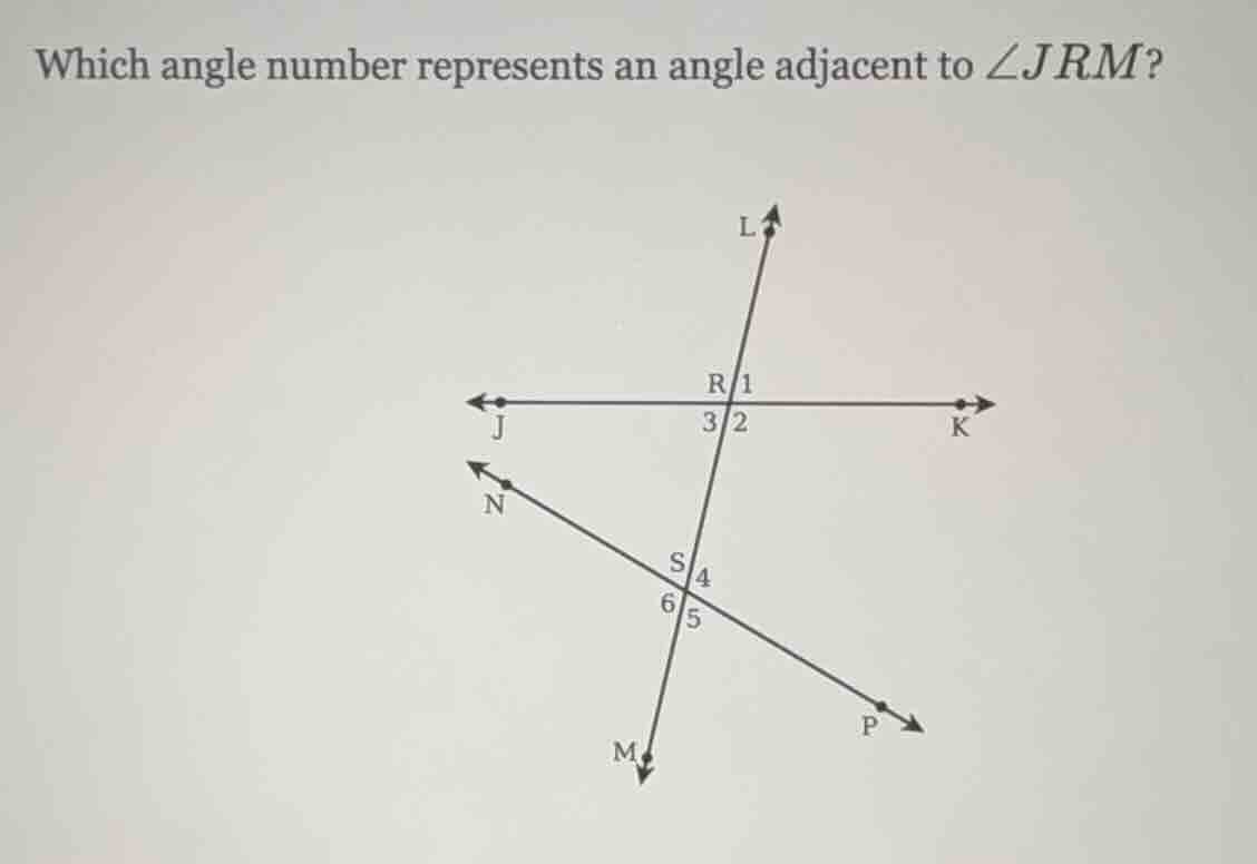 which angle number represents an angle adjacent to $angle jrm$?