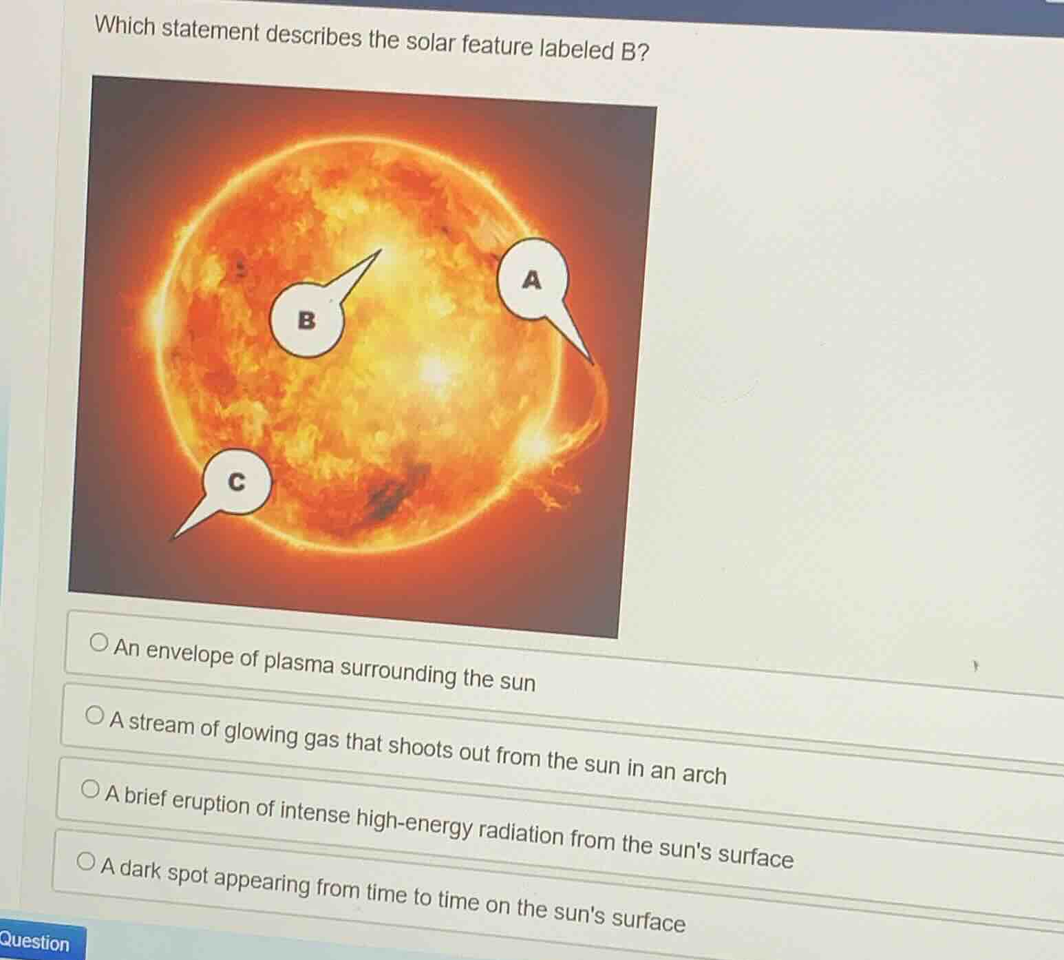 which statement describes the solar feature labeled b?an envelope of pl…