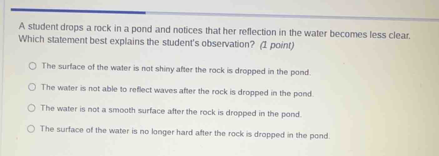 a student drops a rock in a pond and notices that her reflection in the…