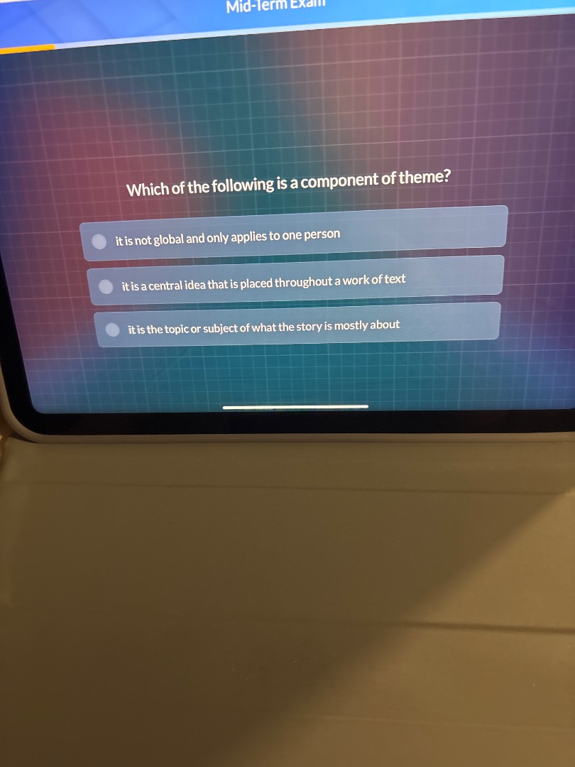 mid-term exam which of the following is a component of theme? it is not…