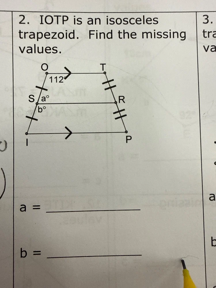 2. iotp is an isosceles trapezoid. find the missing values. a = b =