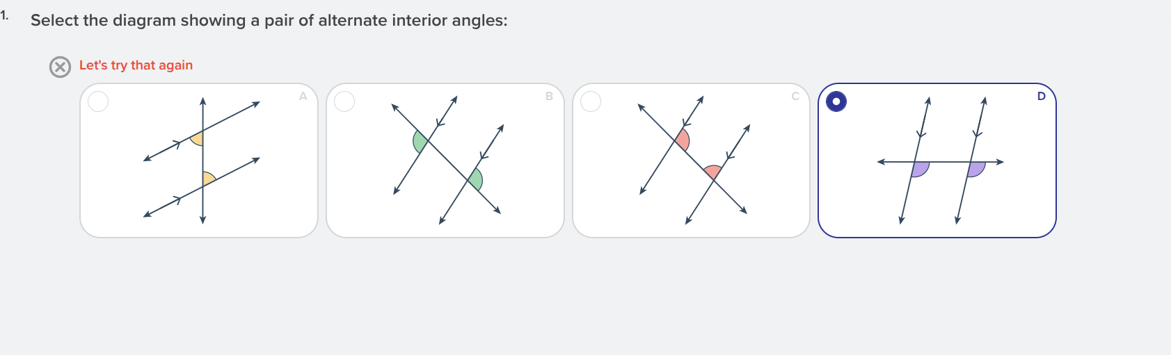 1. select the diagram showing a pair of alternate interior angles: lets…