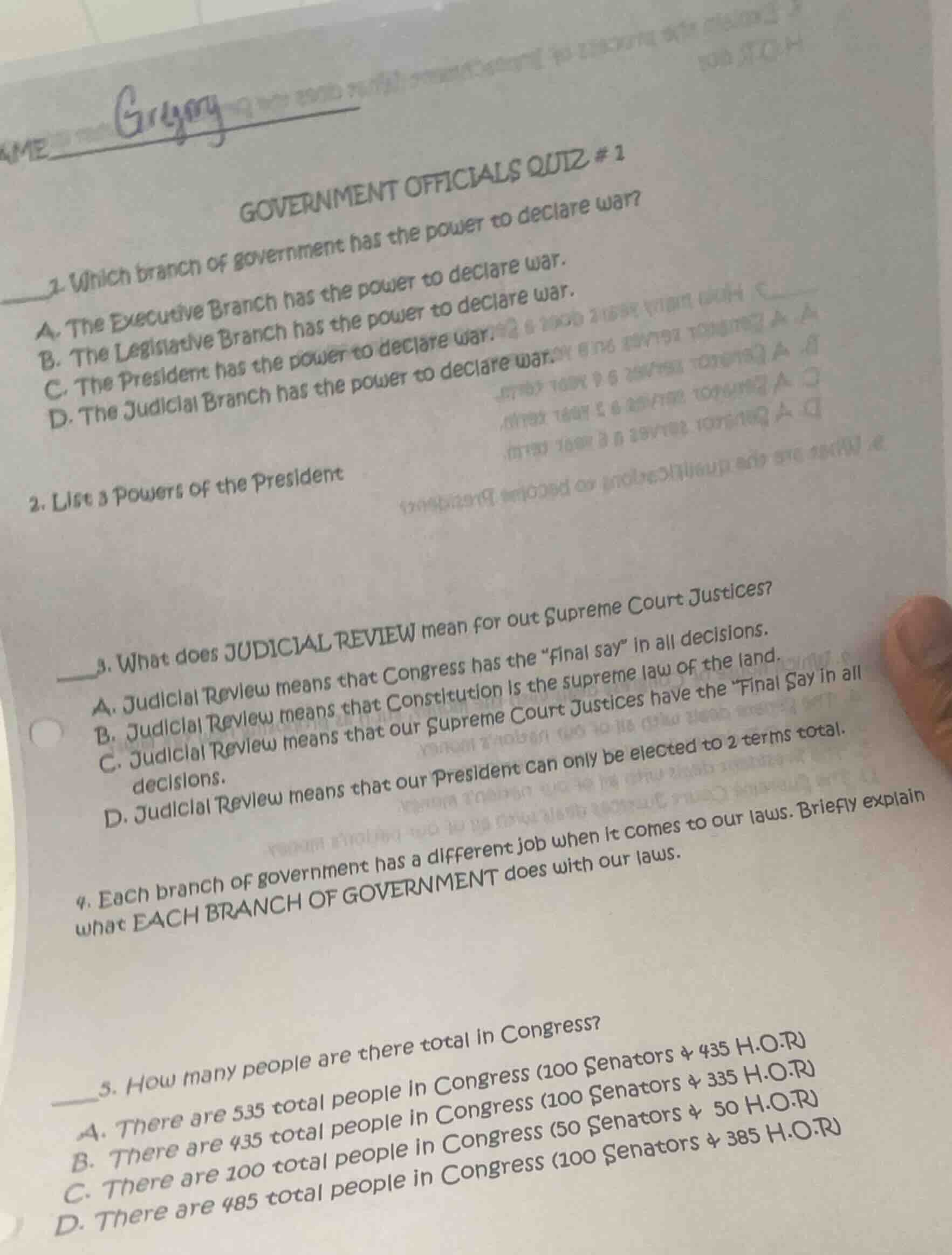 name gregorygovernment officials quiz # 11. which branch of government …