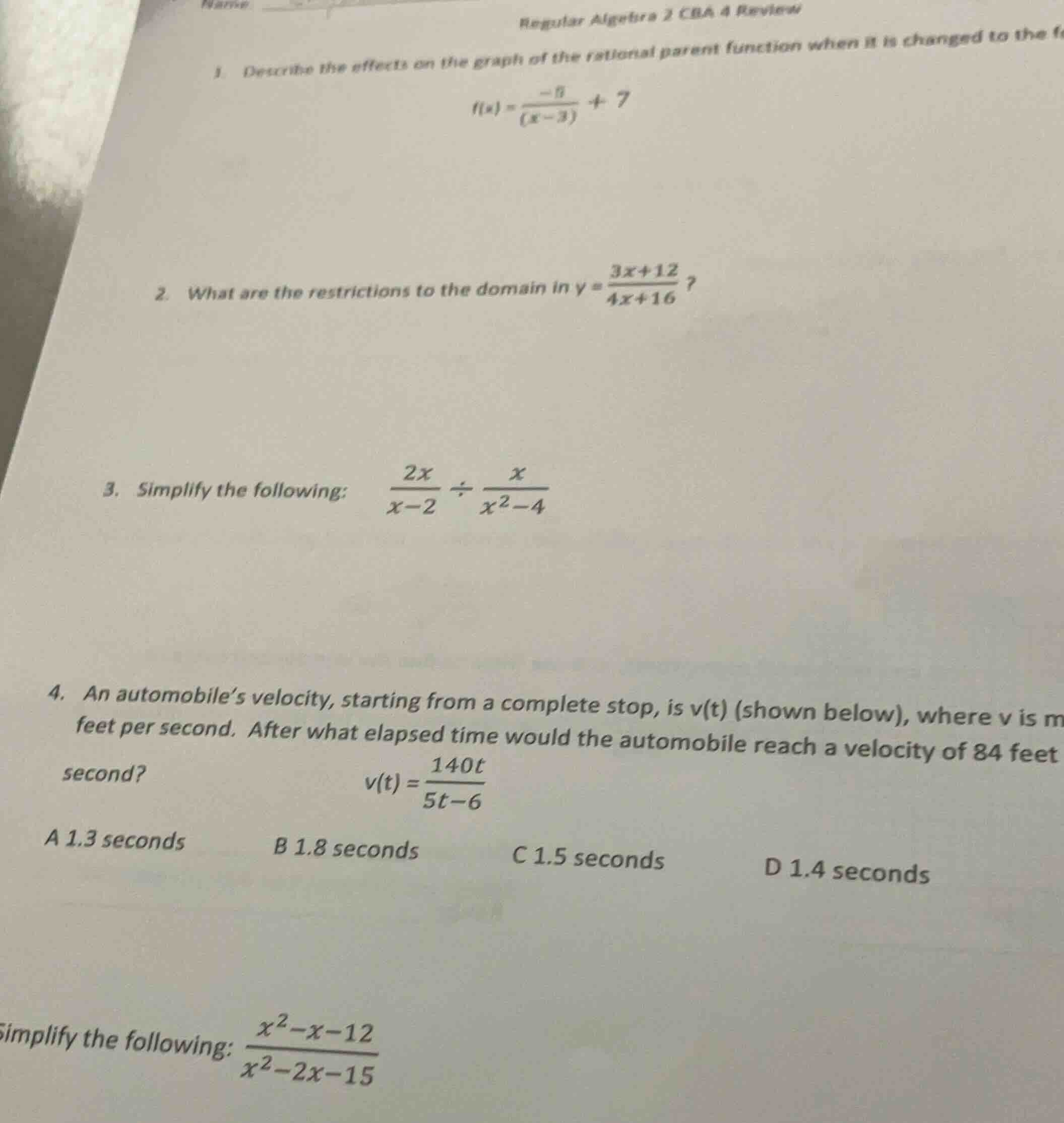 regular algebra 2 cba 4 review 1. describe the effects on the graph of …