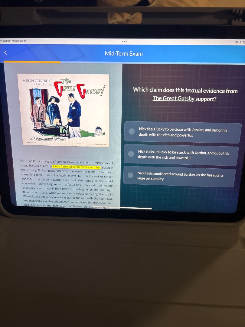 mid-term exam the great gatsby which claim does this textual evidence f…