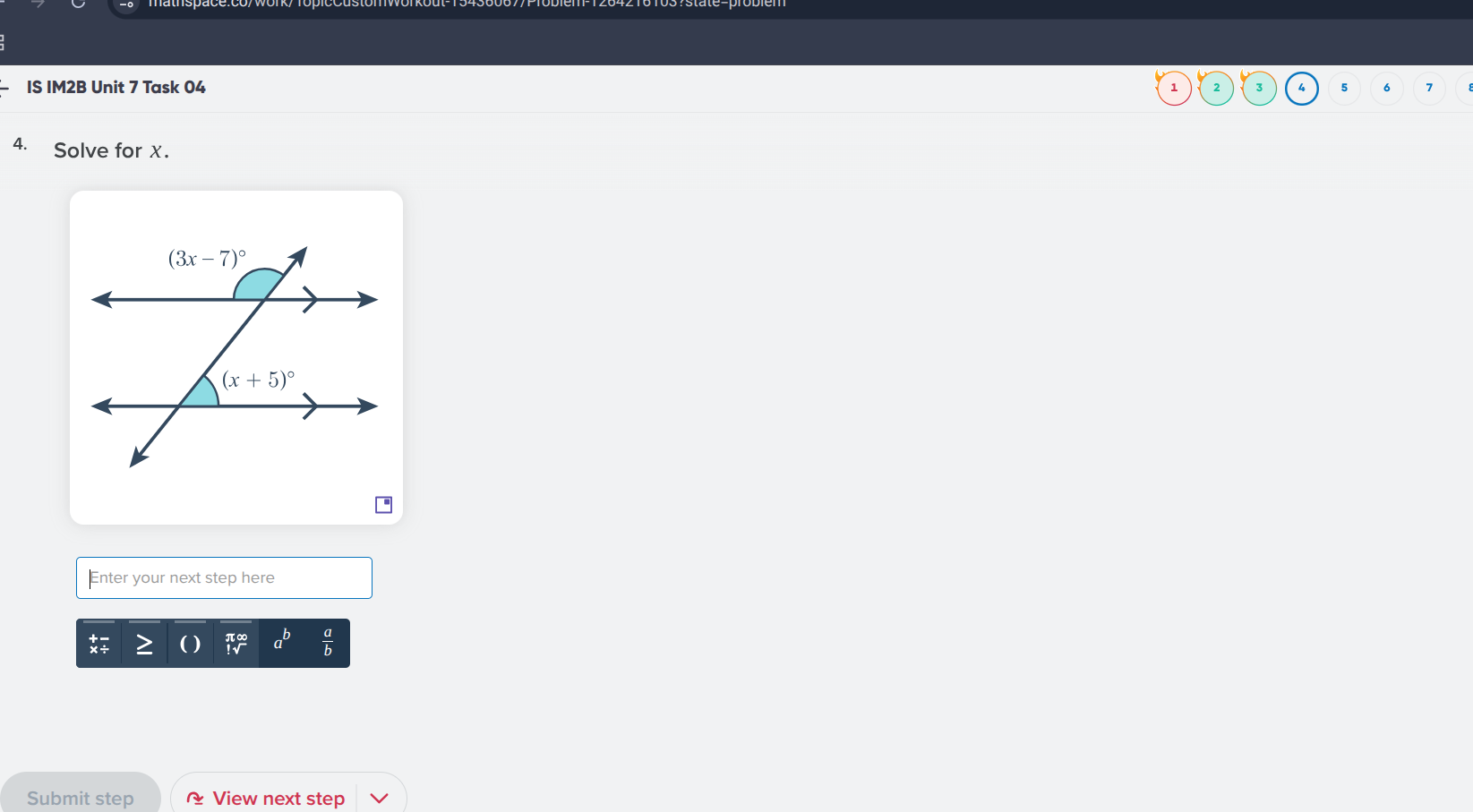 is im2b unit 7 task 04 4. solve for $x$. $(3x - 7)^\\circ$ $(x + 5)^\\c…