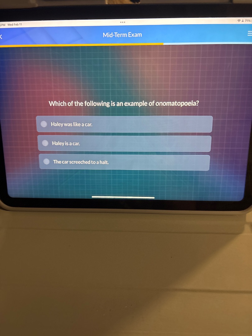 mid-term exam which of the following is an example of onomatopoeia? hal…