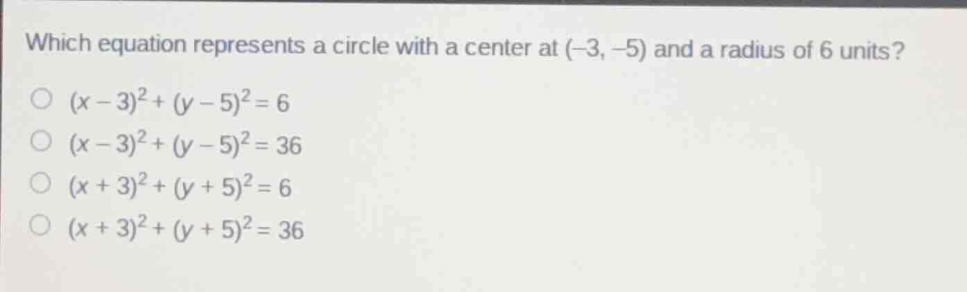 which equation represents a circle with a center at $(-3, -5)$ and a ra…