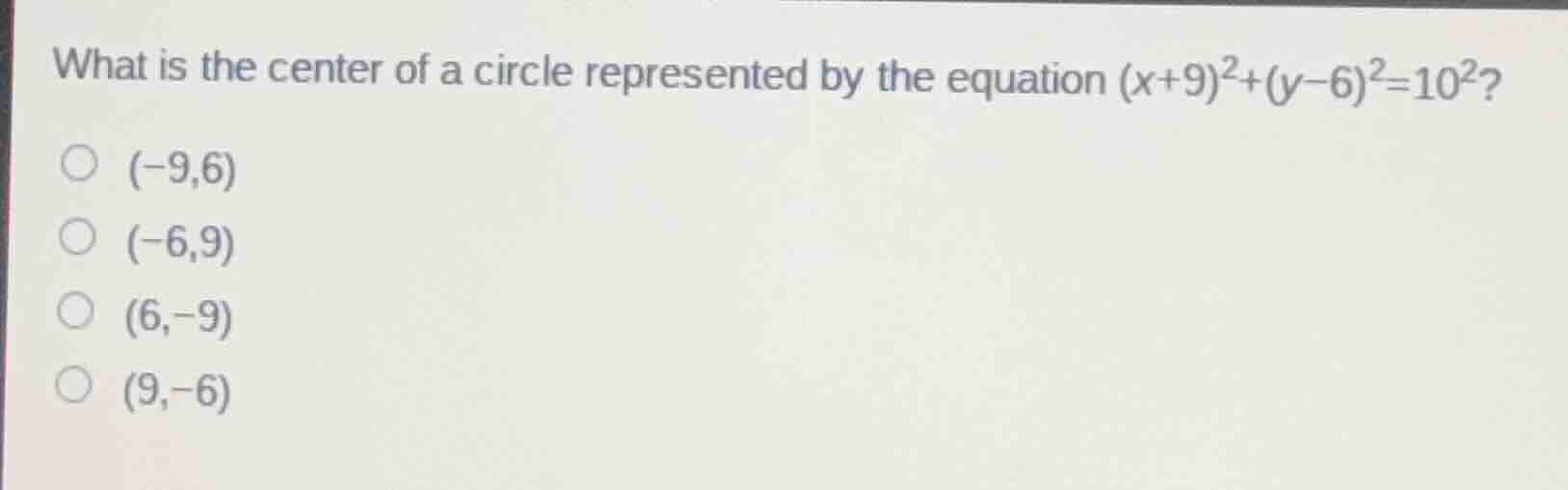 what is the center of a circle represented by the equation $(x+9)^2+(y-…
