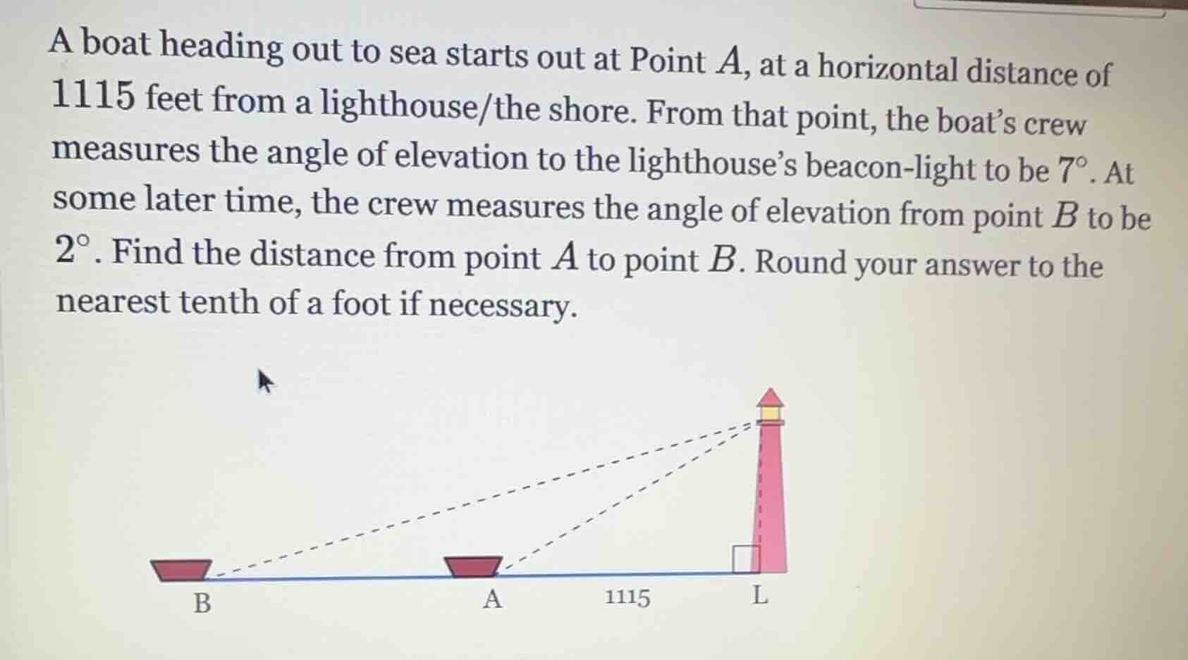 a boat heading out to sea starts out at point $a$, at a horizontal dist…