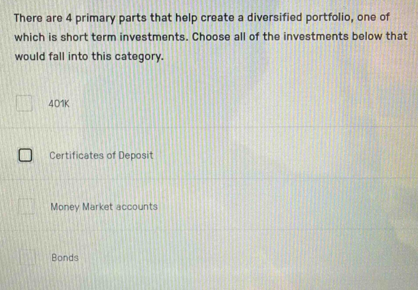 there are 4 primary parts that help create a diversified portfolio, one…