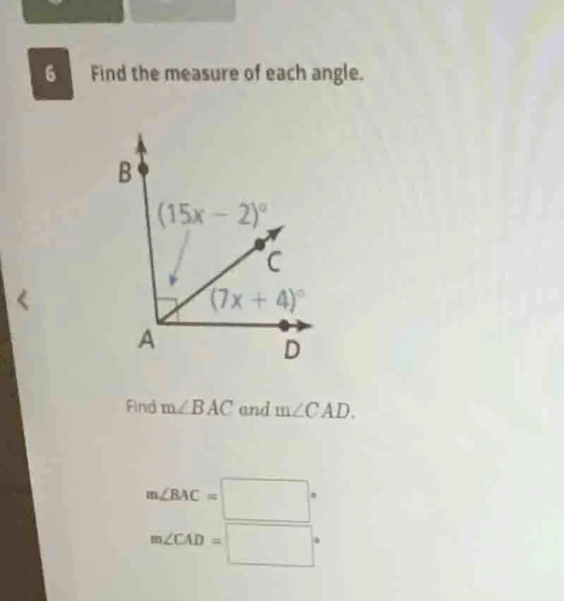 6 find the measure of each angle. find $m\\angle bac$ and $m\\angle cad…