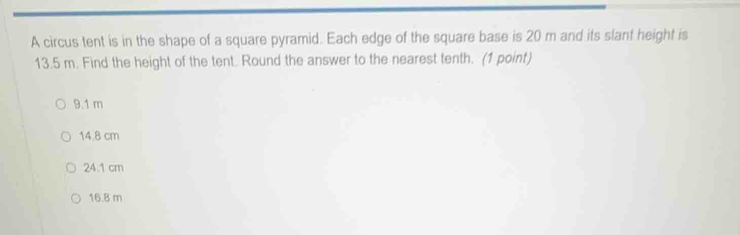 a circus tent is in the shape of a square pyramid. each edge of the squ…