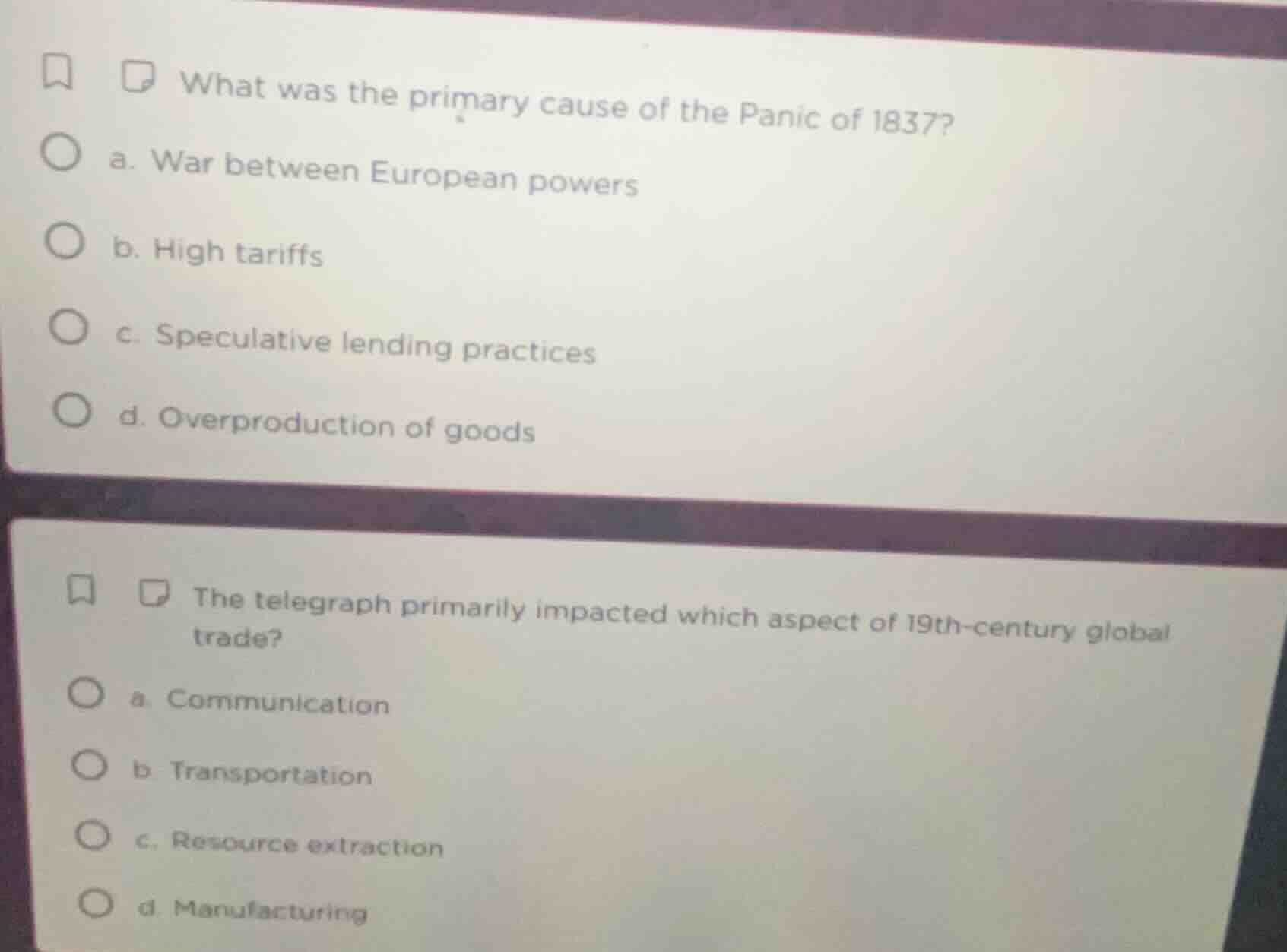 what was the primary cause of the panic of 1837? a. war between europea…