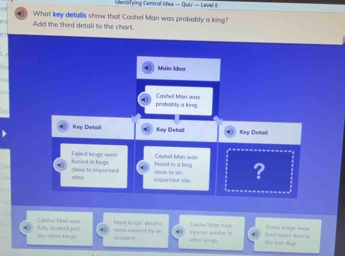 identifying central idea — quiz — level e what key details show that ca…