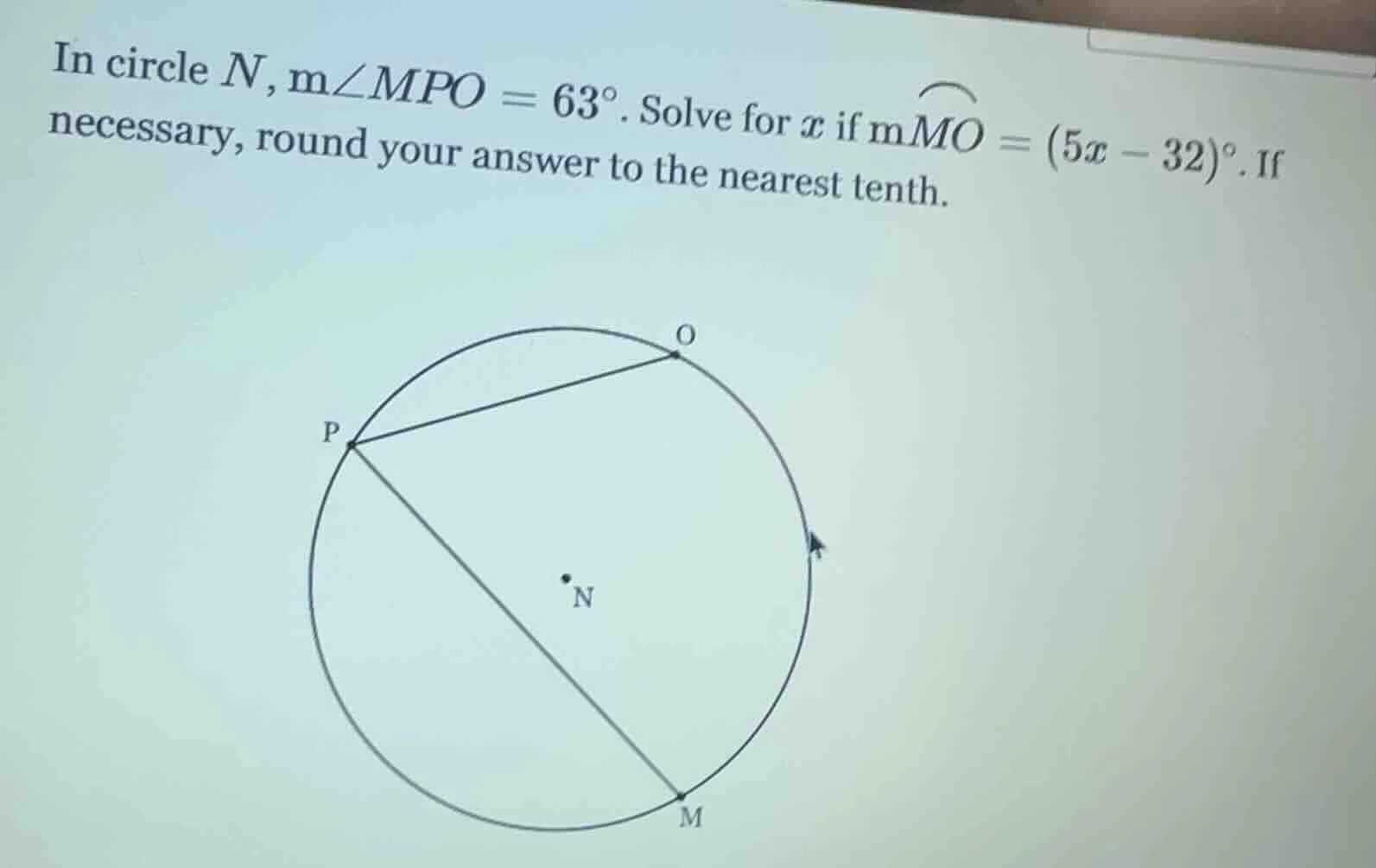 in circle $n$, $m\\angle mpo = 63^\\circ$. solve for $x$ if $m\\overset…