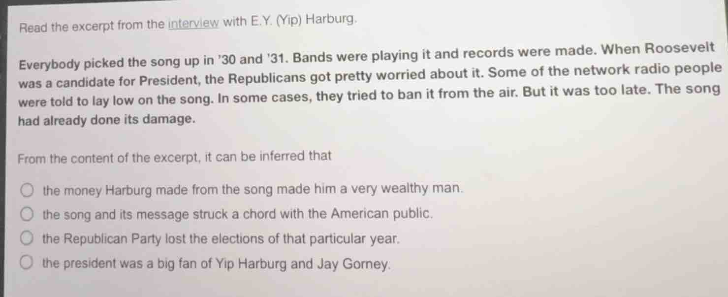 read the excerpt from the interview with e.y. (yip) harburg. everybody …