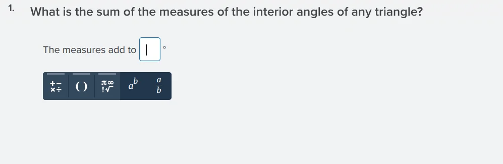 1. what is the sum of the measures of the interior angles of any triang…