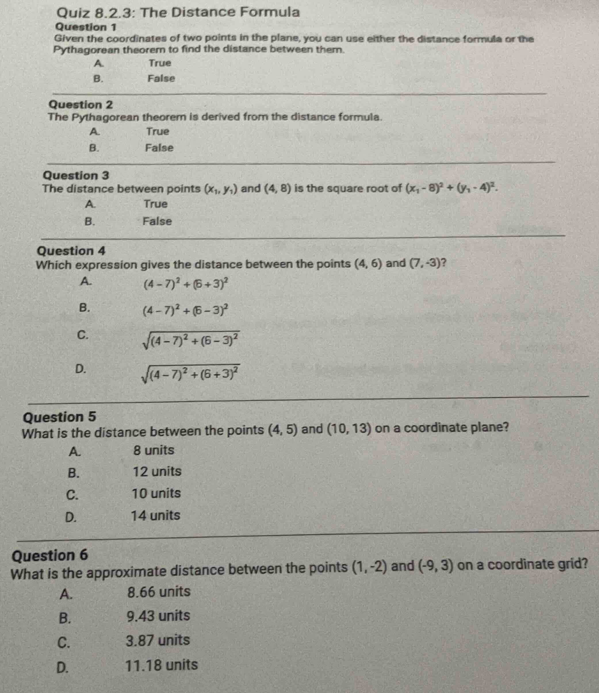 quiz 8.2.3: the distance formulaquestion 1given the coordinates of two …