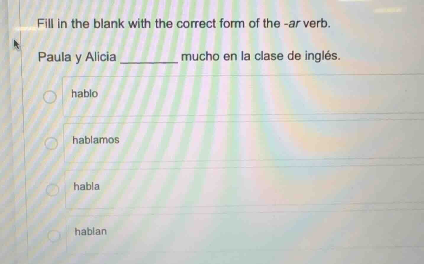 fill in the blank with the correct form of the -ar verb. paula y alicia…