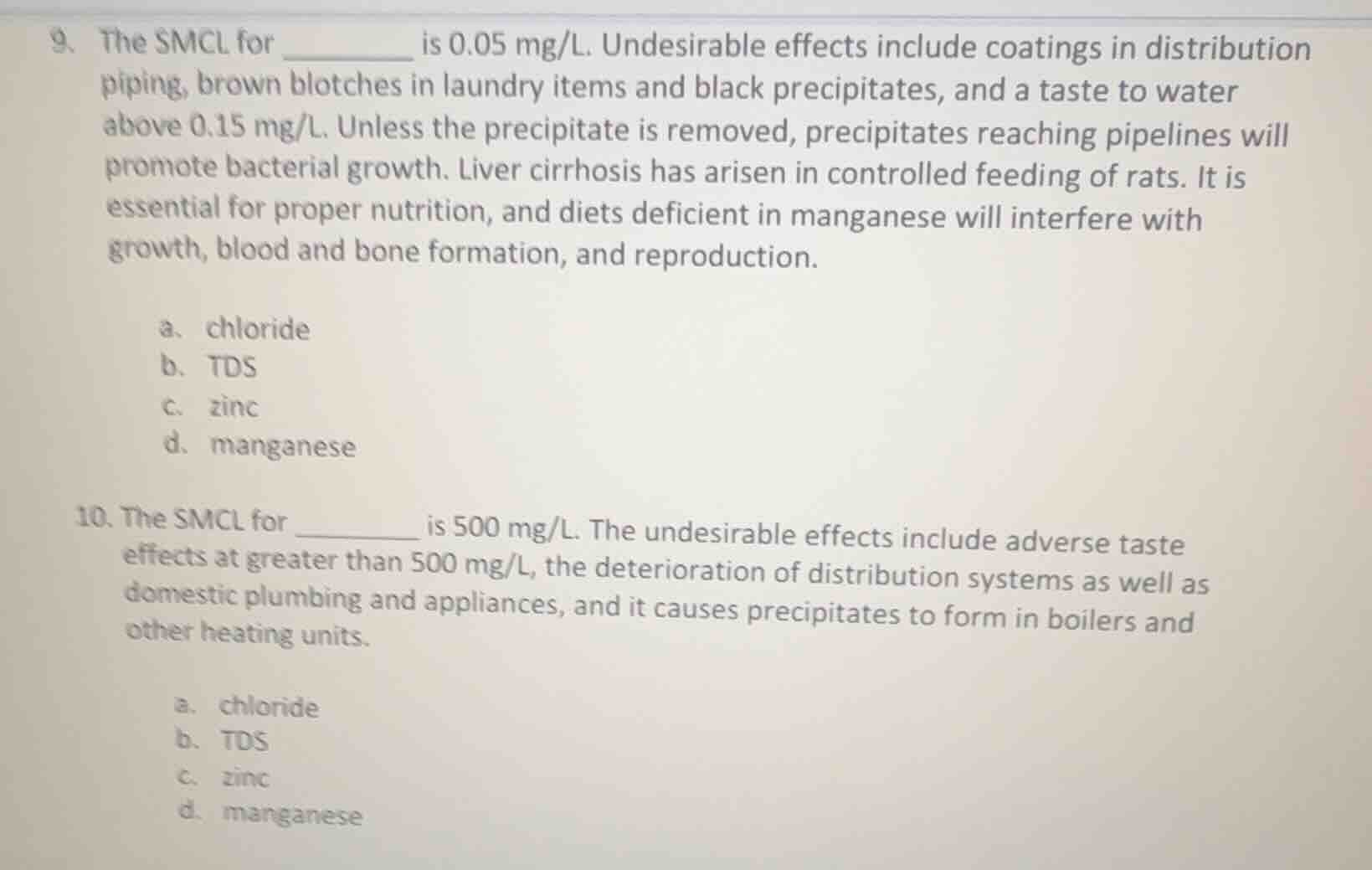 9. the smcl for ________ is 0.05 mg/l. undesirable effects include coat…