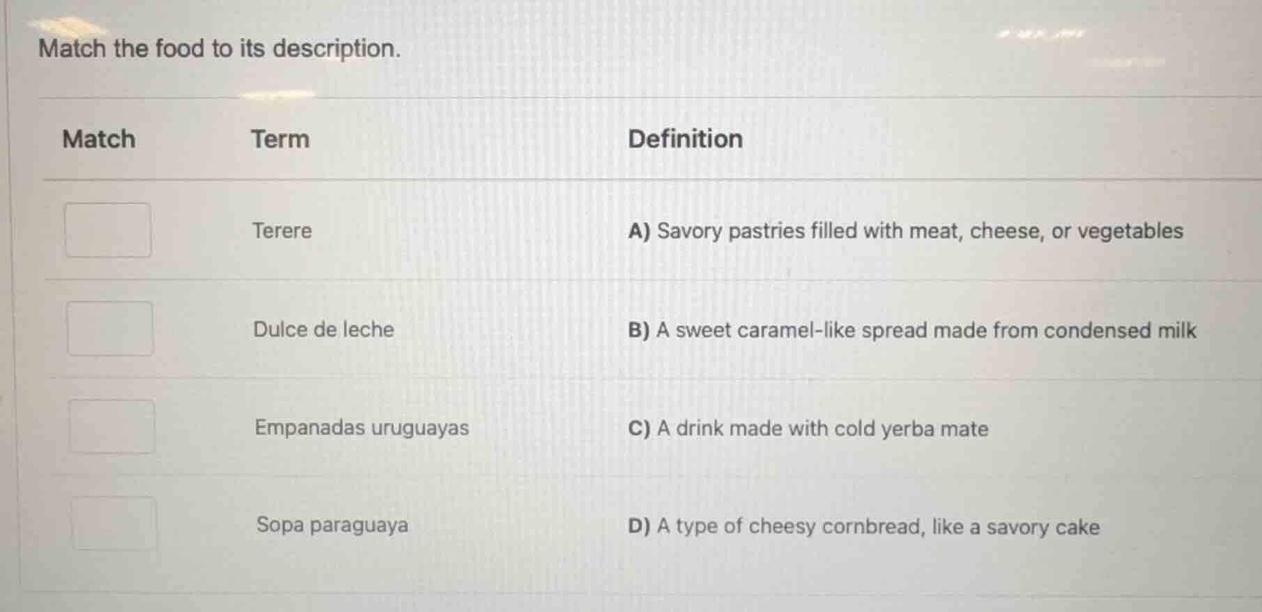 match the food to its description. match term definition terere a) savo…