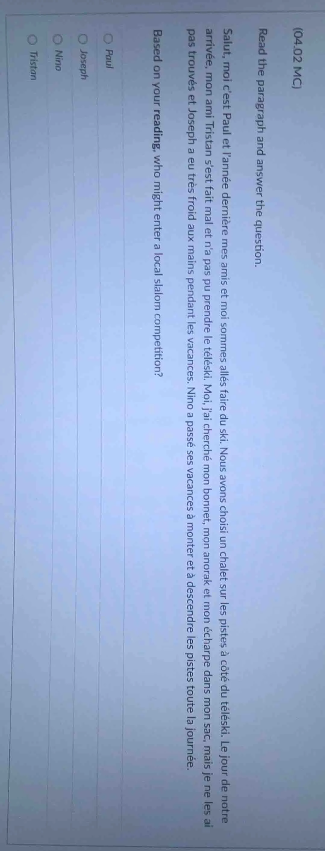 (04.02 mc) read the paragraph and answer the question. salut, moi cest …
