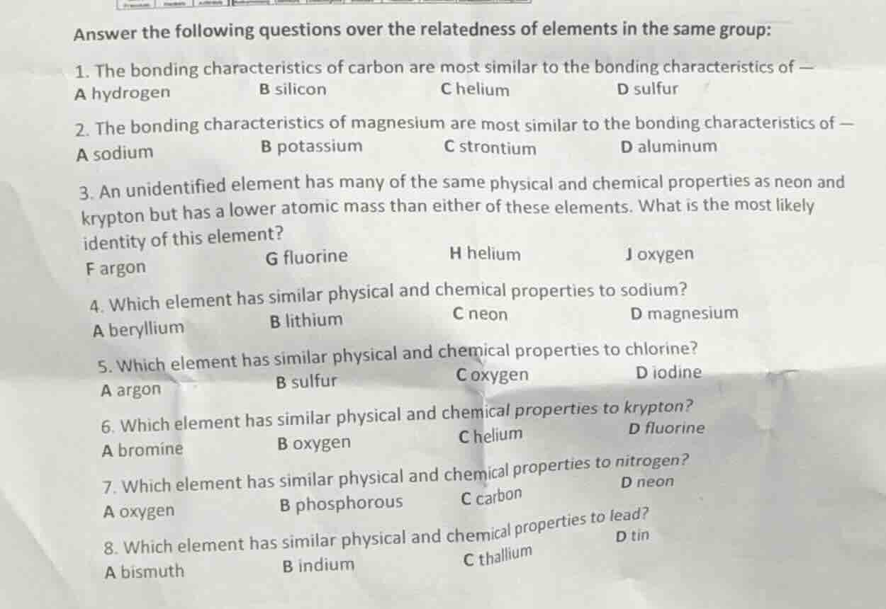 answer the following questions over the relatedness of elements in the …