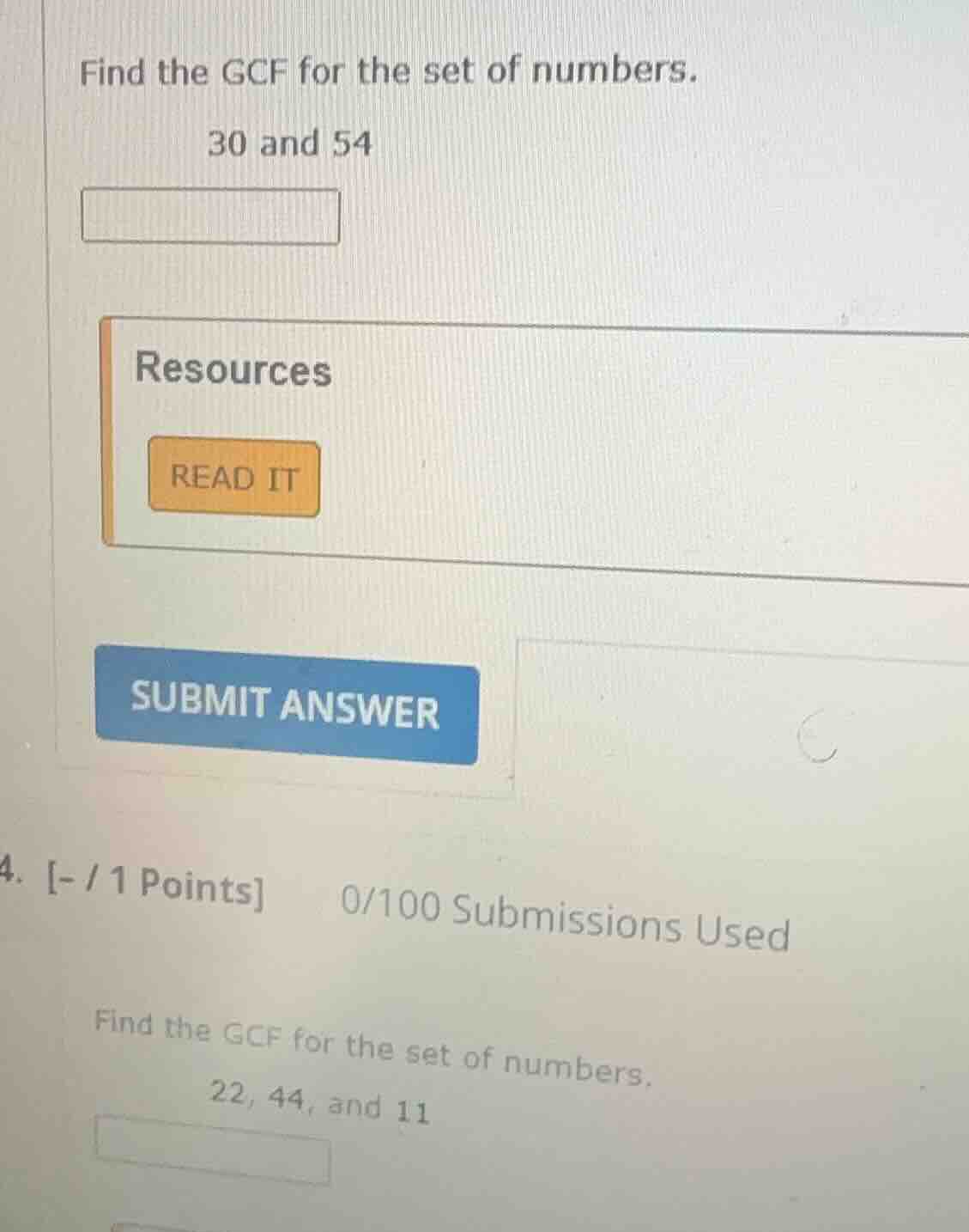 find the gcf for the set of numbers. 30 and 54 resources read it submit…