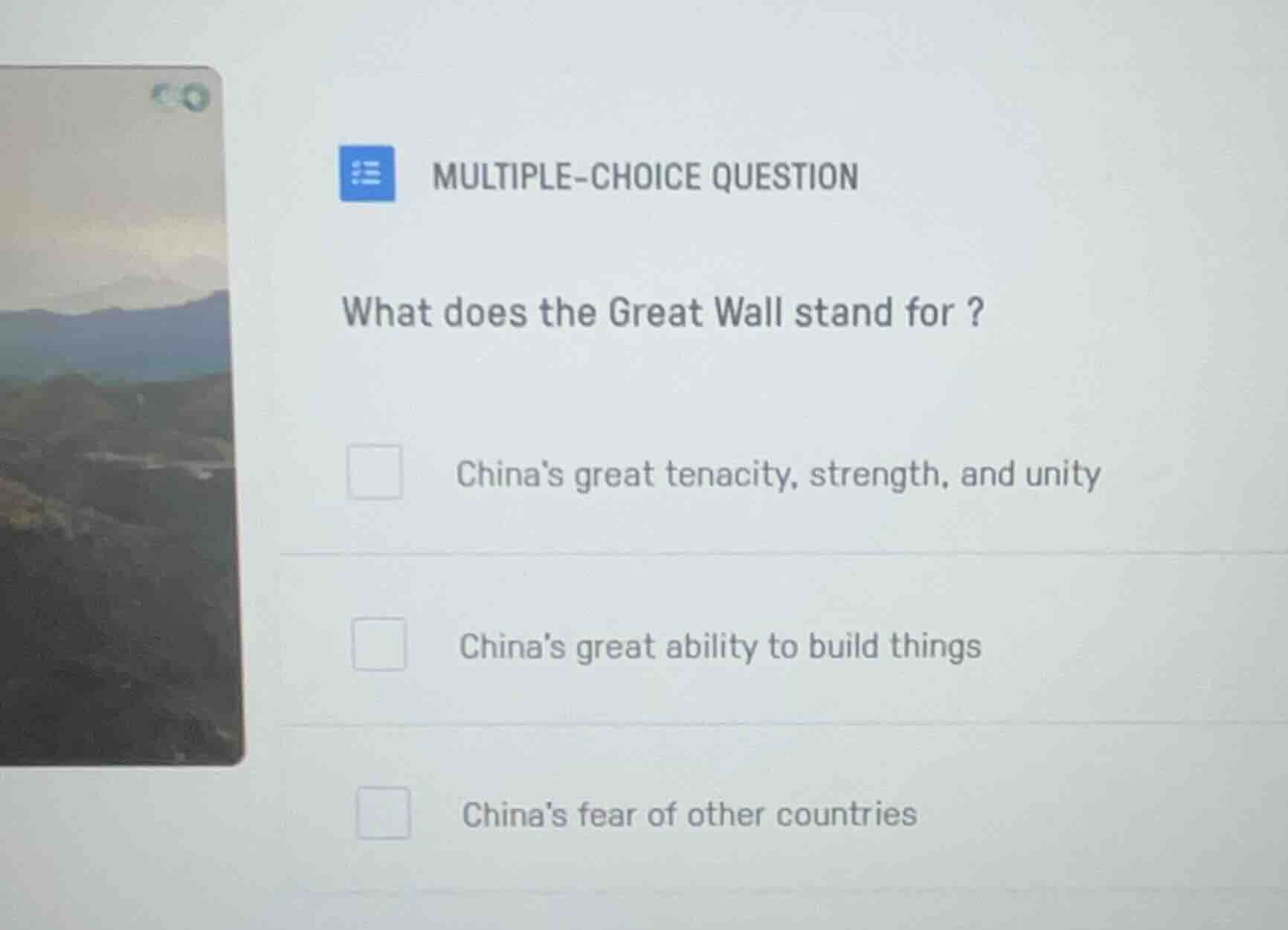 multiple-choice question what does the great wall stand for ? chinas gr…