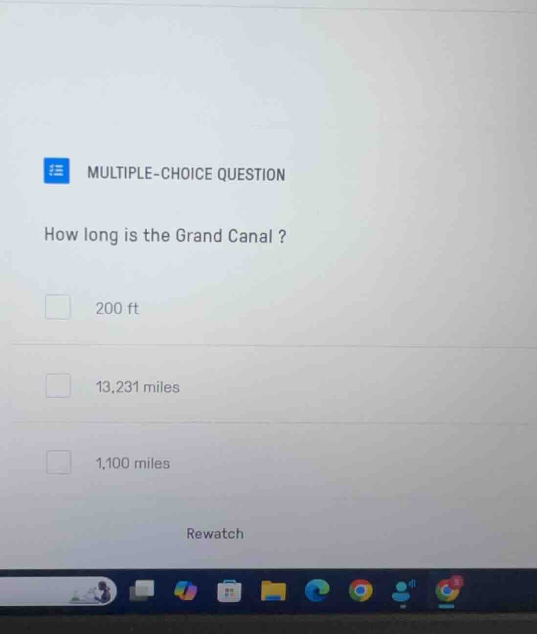multiple-choice question how long is the grand canal ? 200 ft 13,231 mi…