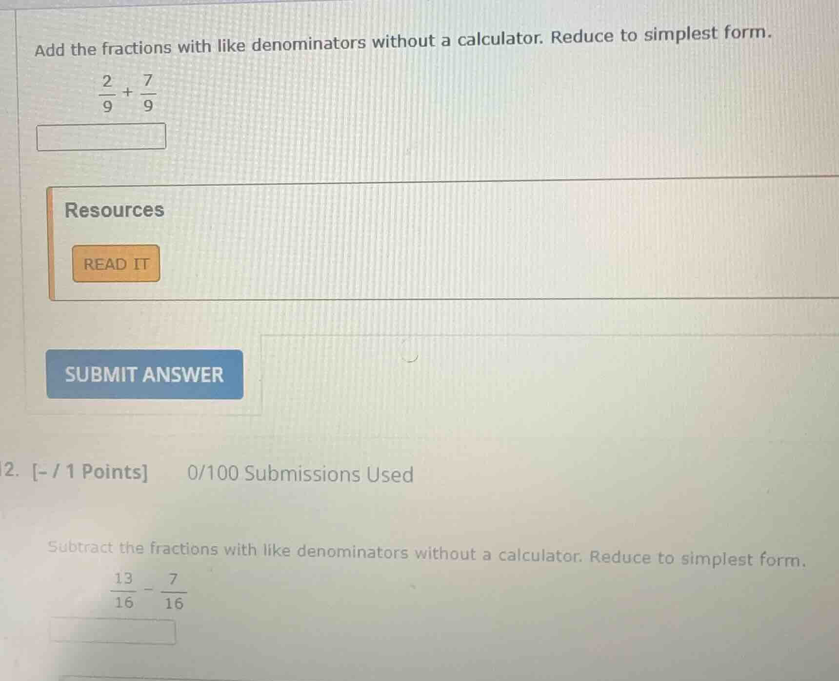 add the fractions with like denominators without a calculator. reduce t…