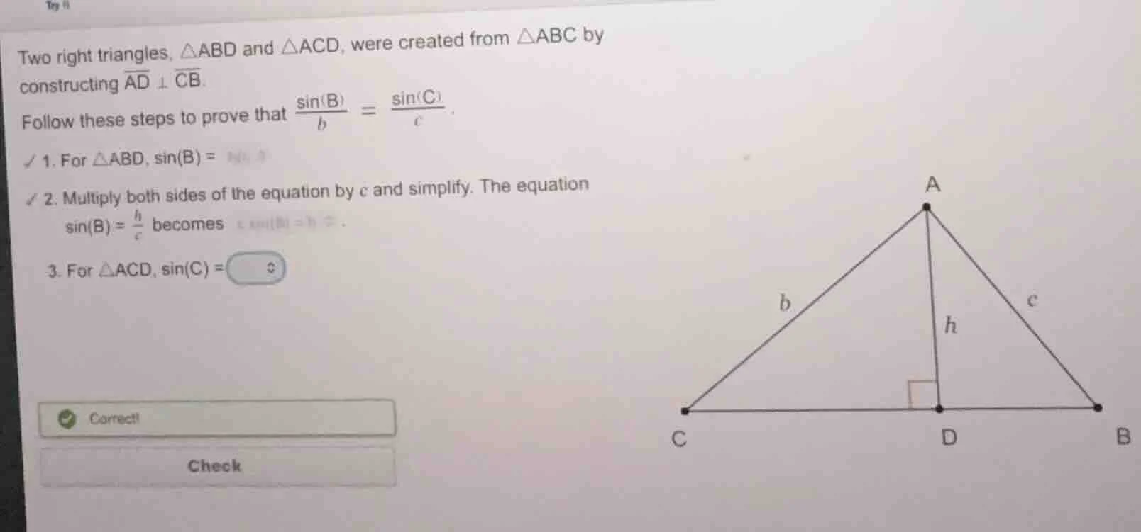 two right triangles, $\\triangle abd$ and $\\triangle acd$, were create…