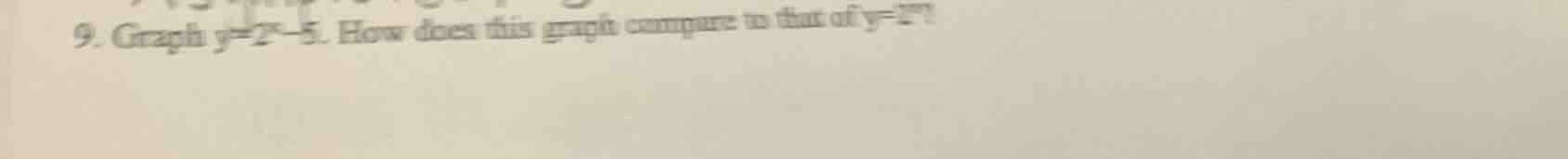 9. graph $y=2^x - 5$. how does this graph compare to that of $y=2^x$?