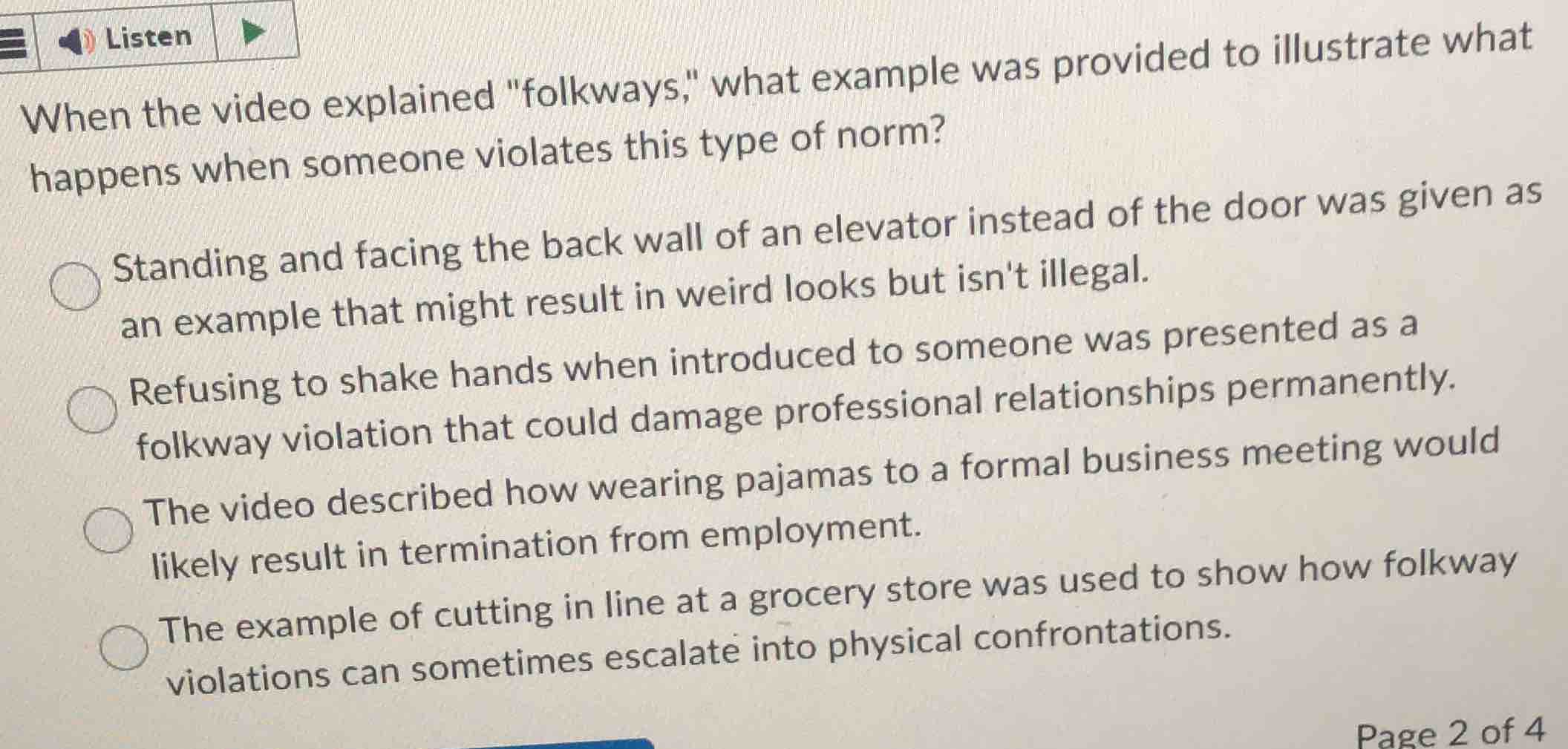 when the video explained \folkways,\ what example was provided to illus…