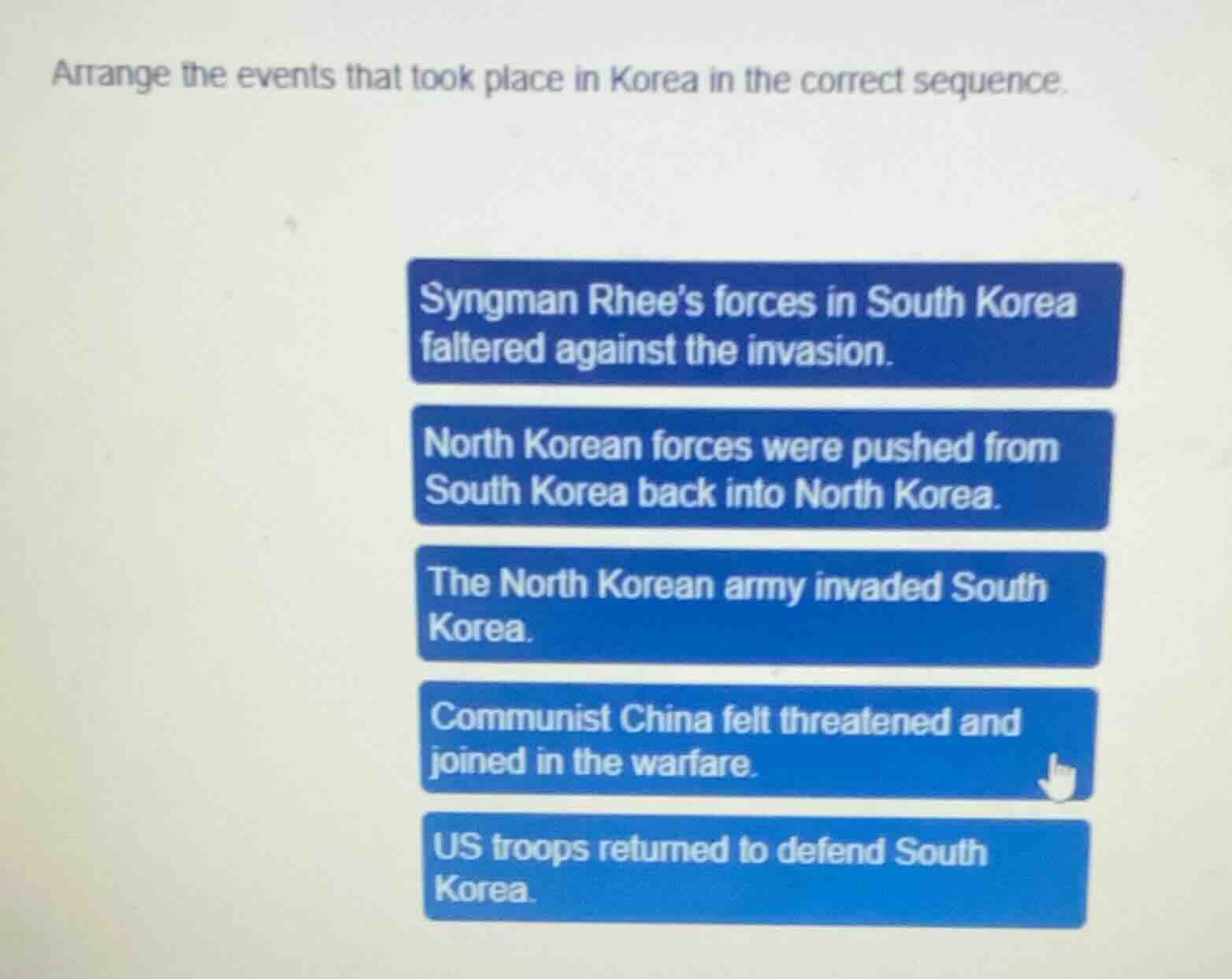 arrange the events that took place in korea in the correct sequence. sy…