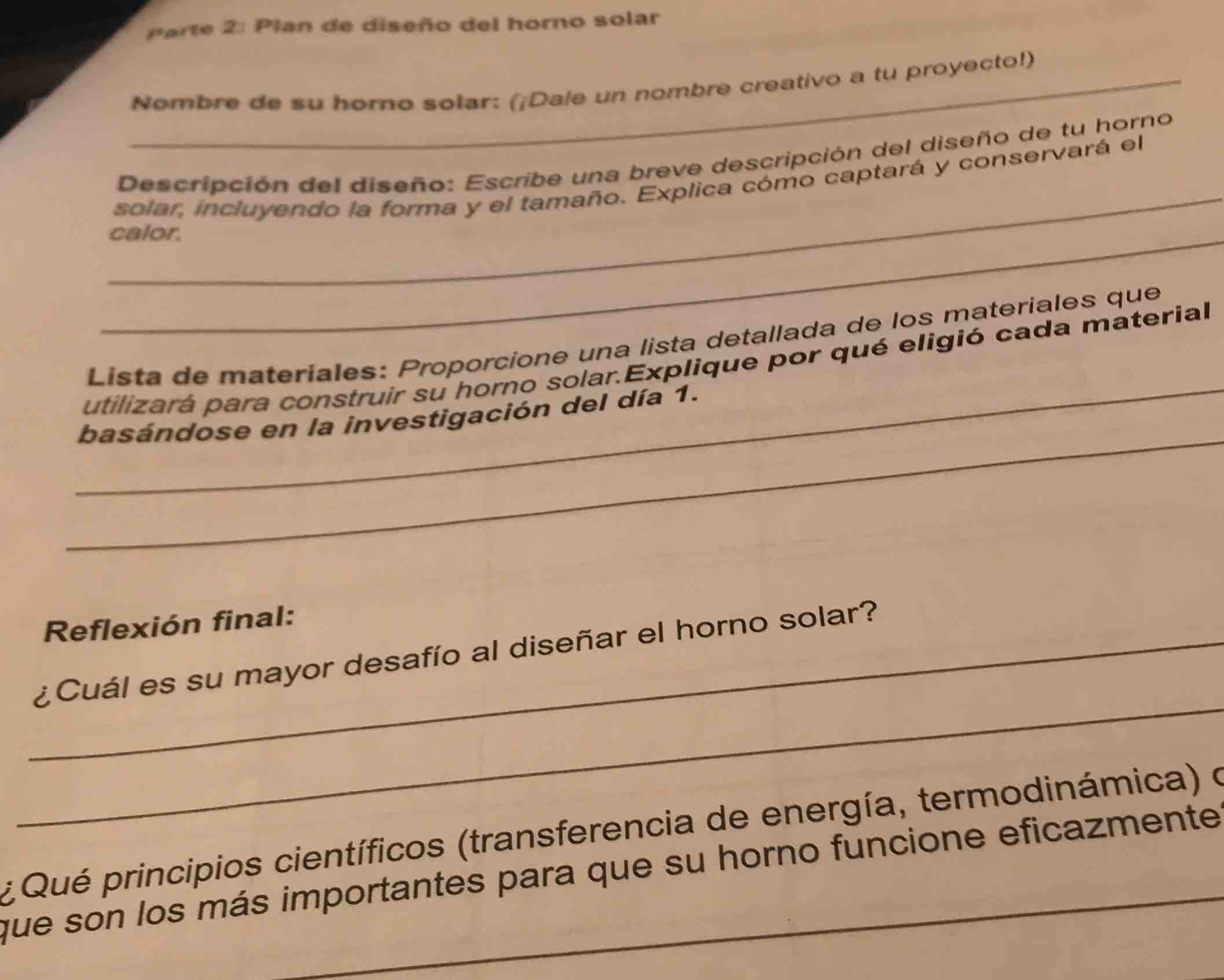 parte 2: plan de diseño del horno solar nombre de su horno solar: (¡dal…