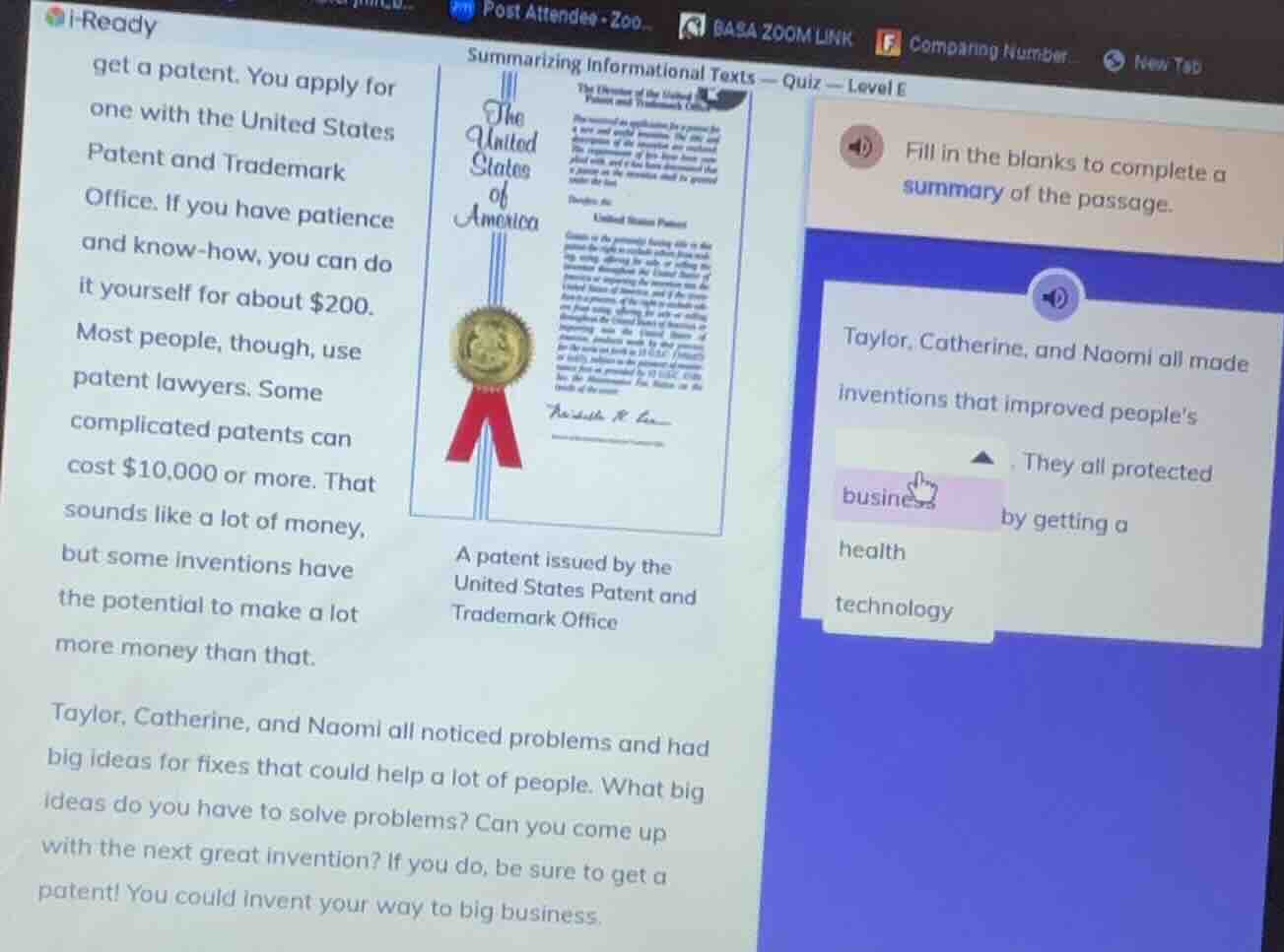 summarizing informational texts — quiz — level e get a patent. you appl…
