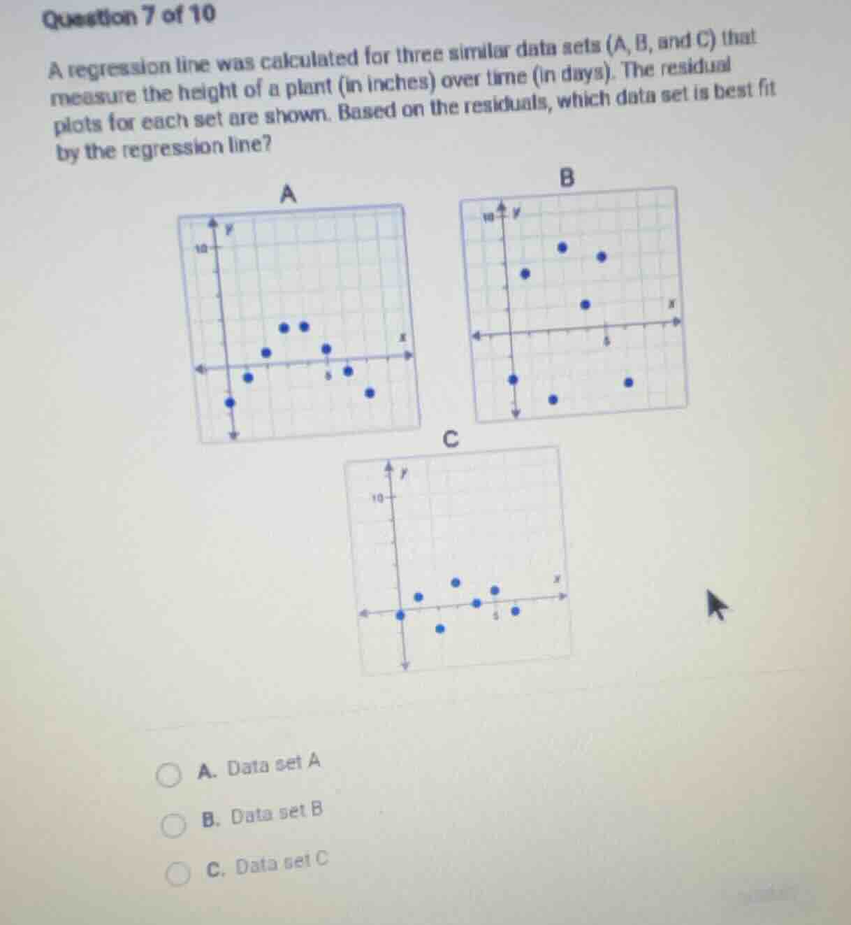 question 7 of 10 a regression line was calculated for three similar dat…