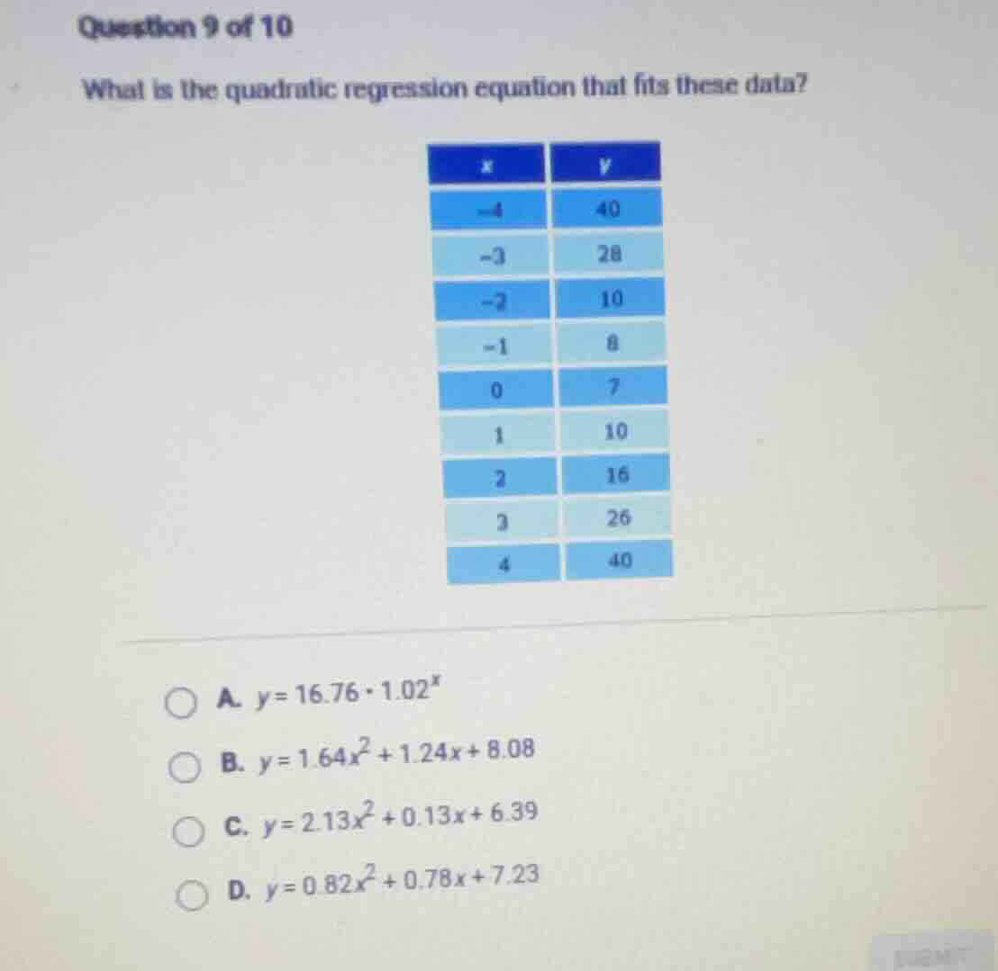 question 9 of 10 what is the quadratic regression equation that fits th…