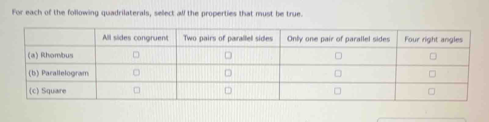 for each of the following quadrilaterals, select all the properties tha…