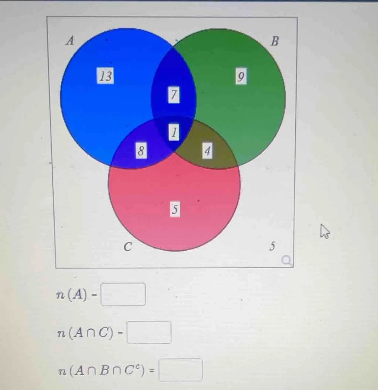 $n(a) = square$ $n(a\\cap c) = square$ $n(a\\cap b\\cap c^{c}) = square$