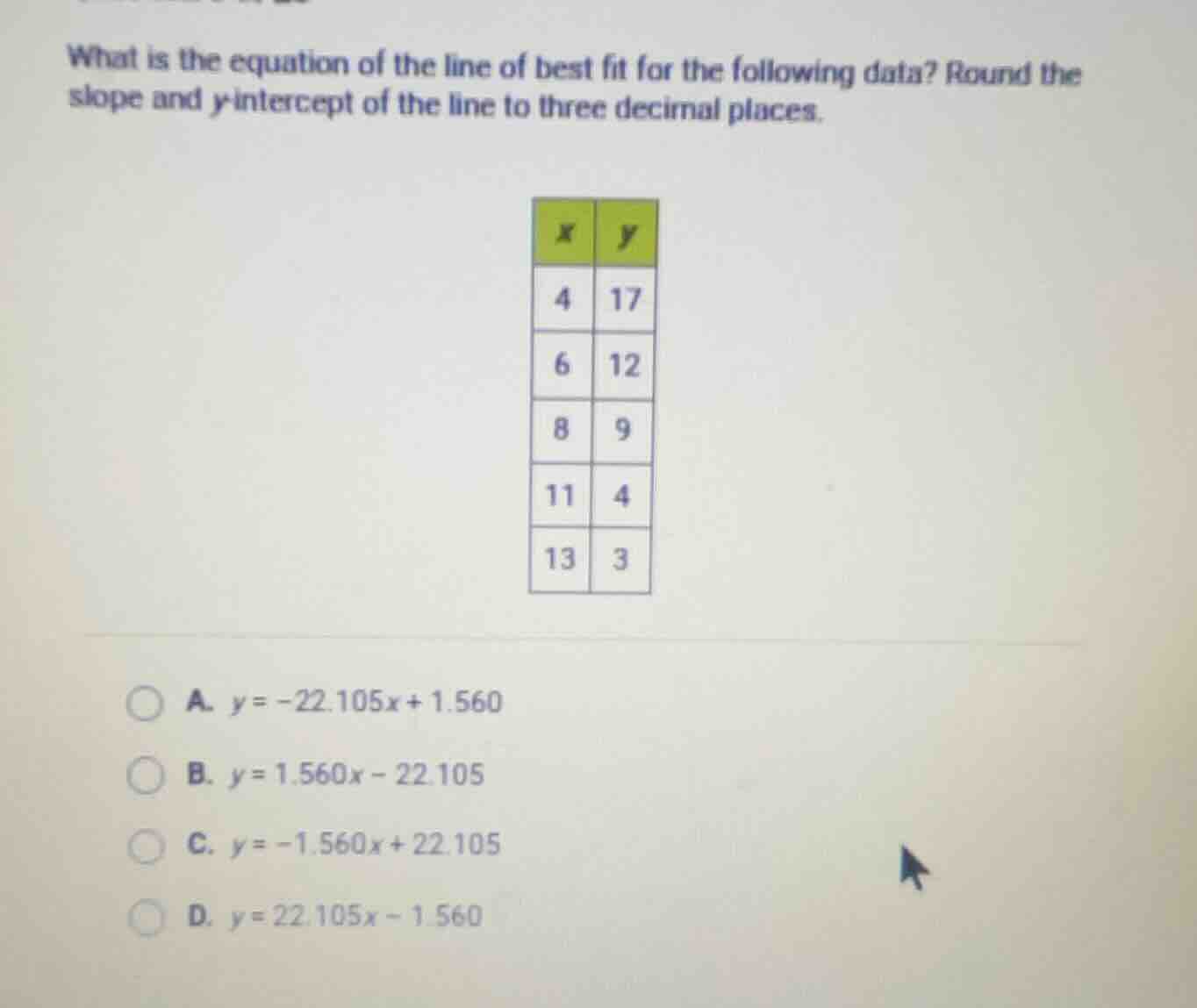 what is the equation of the line of best fit for the following data? ro…
