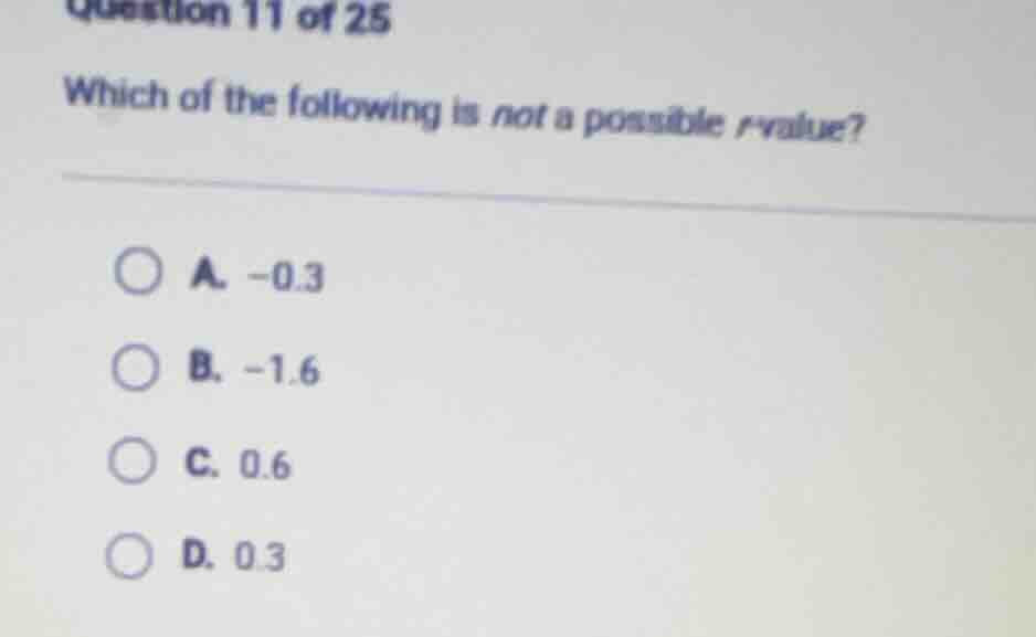 question 11 of 25 which of the following is not a possible r-value? a. …